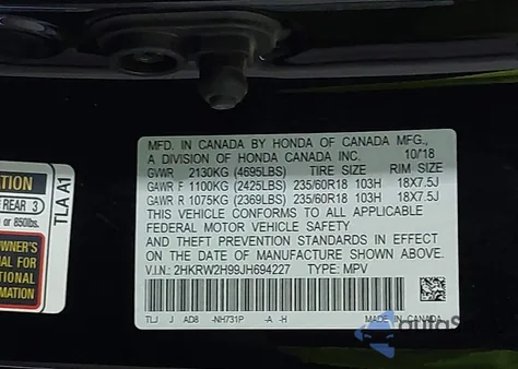 2018 Honda Cr-V Touring z USA, uszkodzony, nr VIN 2HKRW2H99JH694227